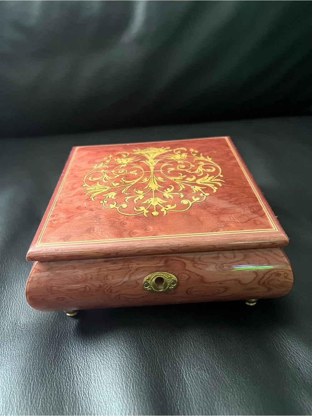 Ornate Red Wood Music Box with Gold Inlay